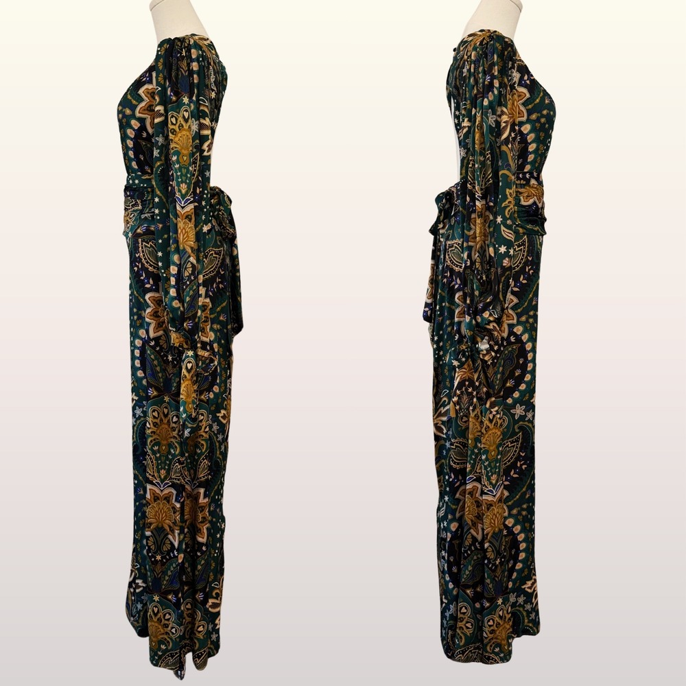 NWT Farm Rio Jaipur Black Maxi Dress Medium Green Paisley Open Back Long Sleeve - Picture 6 of 13